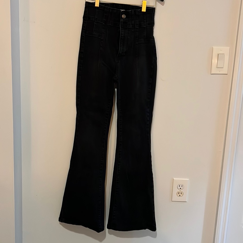 Free People High Wasted 2 button flare leg black denim jeans